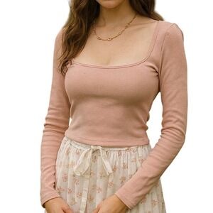 Elodie Ribbed Square Neck Long Sleeve Trendy Chic Style Top Pink Size L / XL